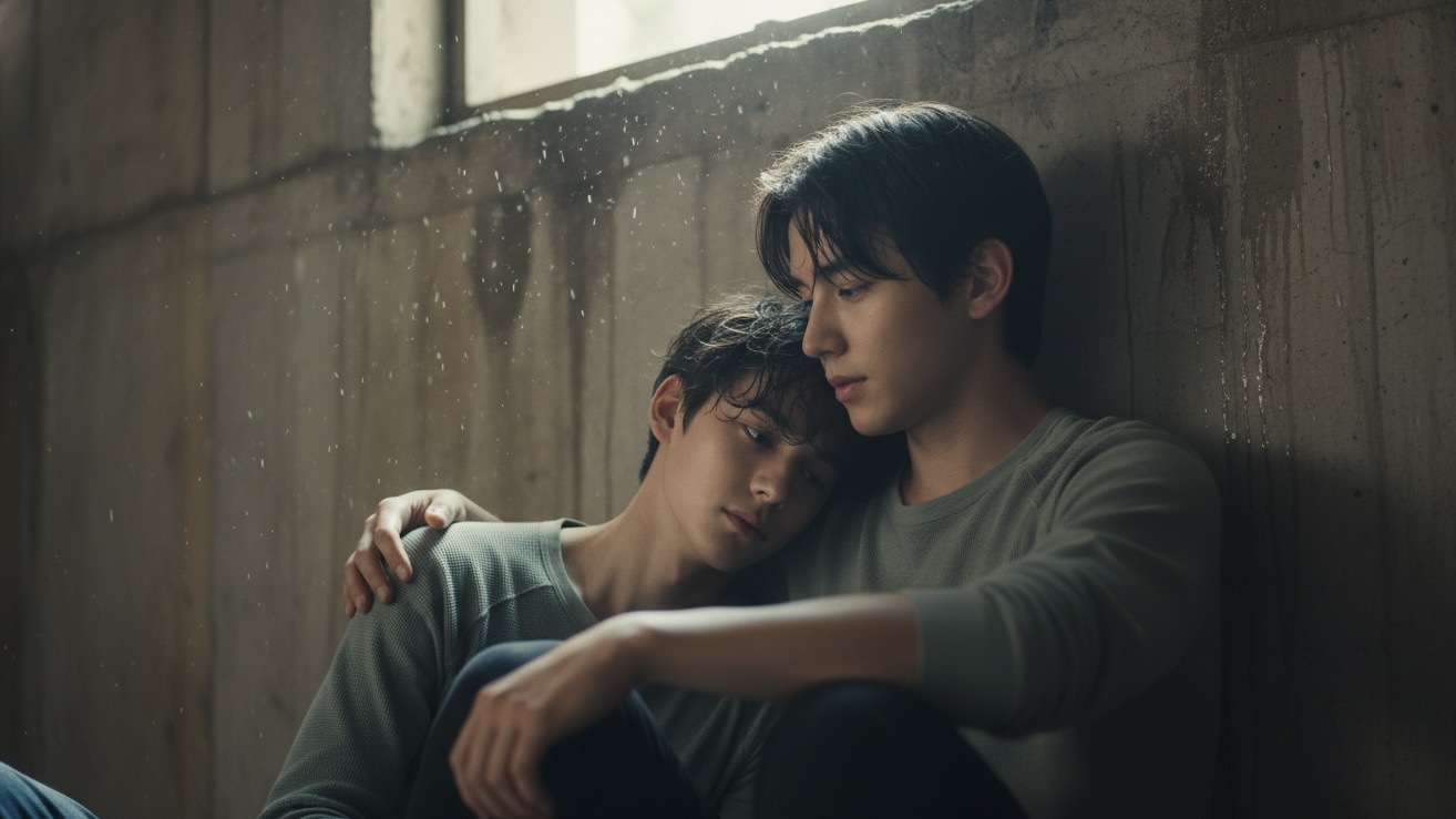 Two teenage boys sitting close together in an abandoned shelter, looking at each other with deep affection.