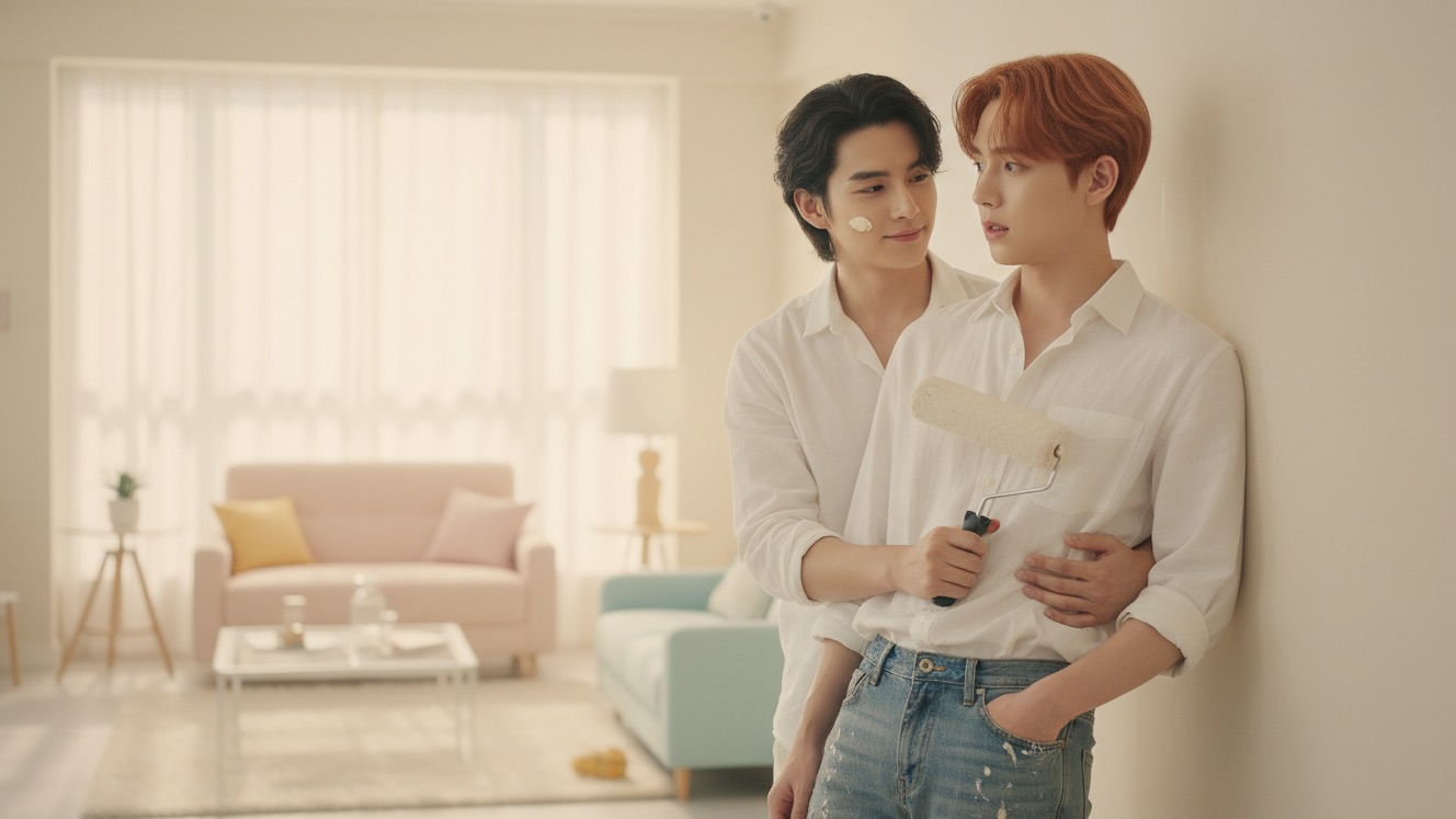 Two young men in an apartment, one looking dismayed at a beige wall while the other smiles proudly, holding a paint roller.