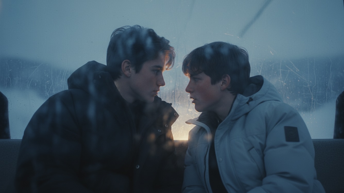 Two teenage boys huddled together for warmth inside a frosted ski gondola, looking intensely at each other.