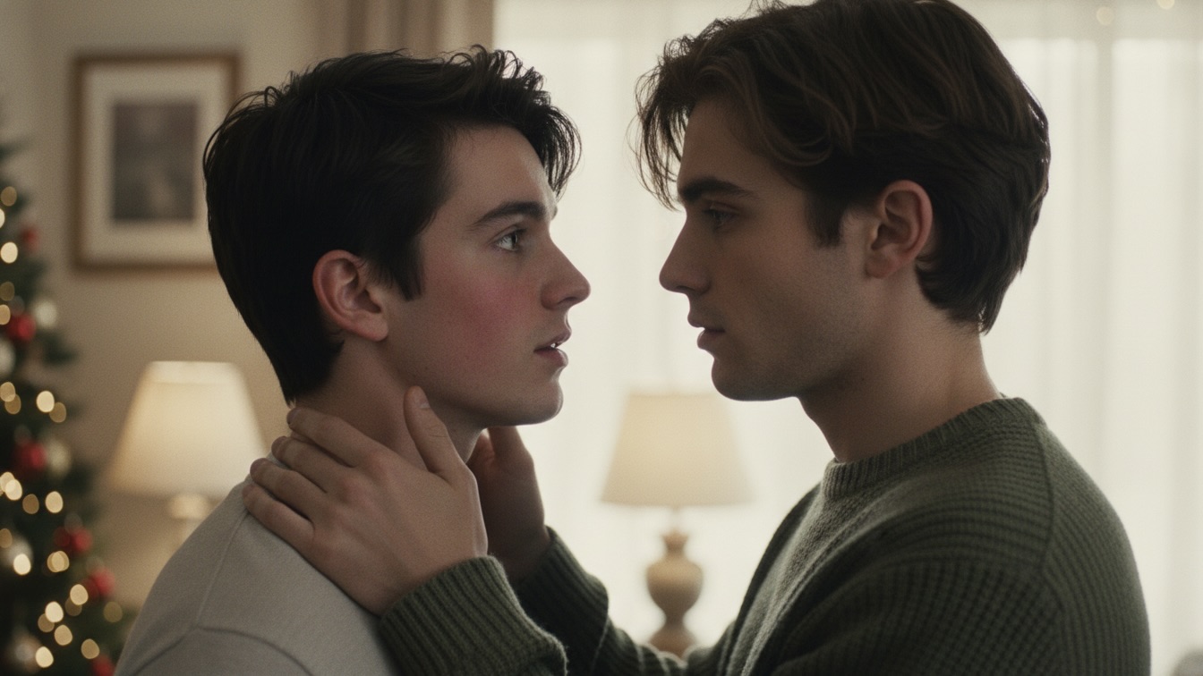 Two teenage boys, Jeffrey and Ben, sharing an intimate, emotionally charged moment during a Christmas party, bathed in warm light.