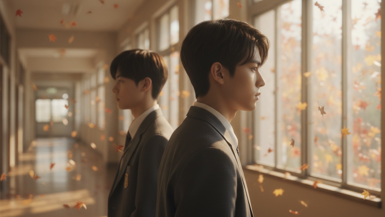Two young men in their late teens, Kenji and Art, with boyish good looks and smooth skin, walk side-by-side down a high school hallway. The scene is bathed in soft, warm autumn light filtering through grimy windows, creating a dreamy, K-Drama aesthetic with pastel tones and a soft-focus effect. They look ahead, their profiles visible.