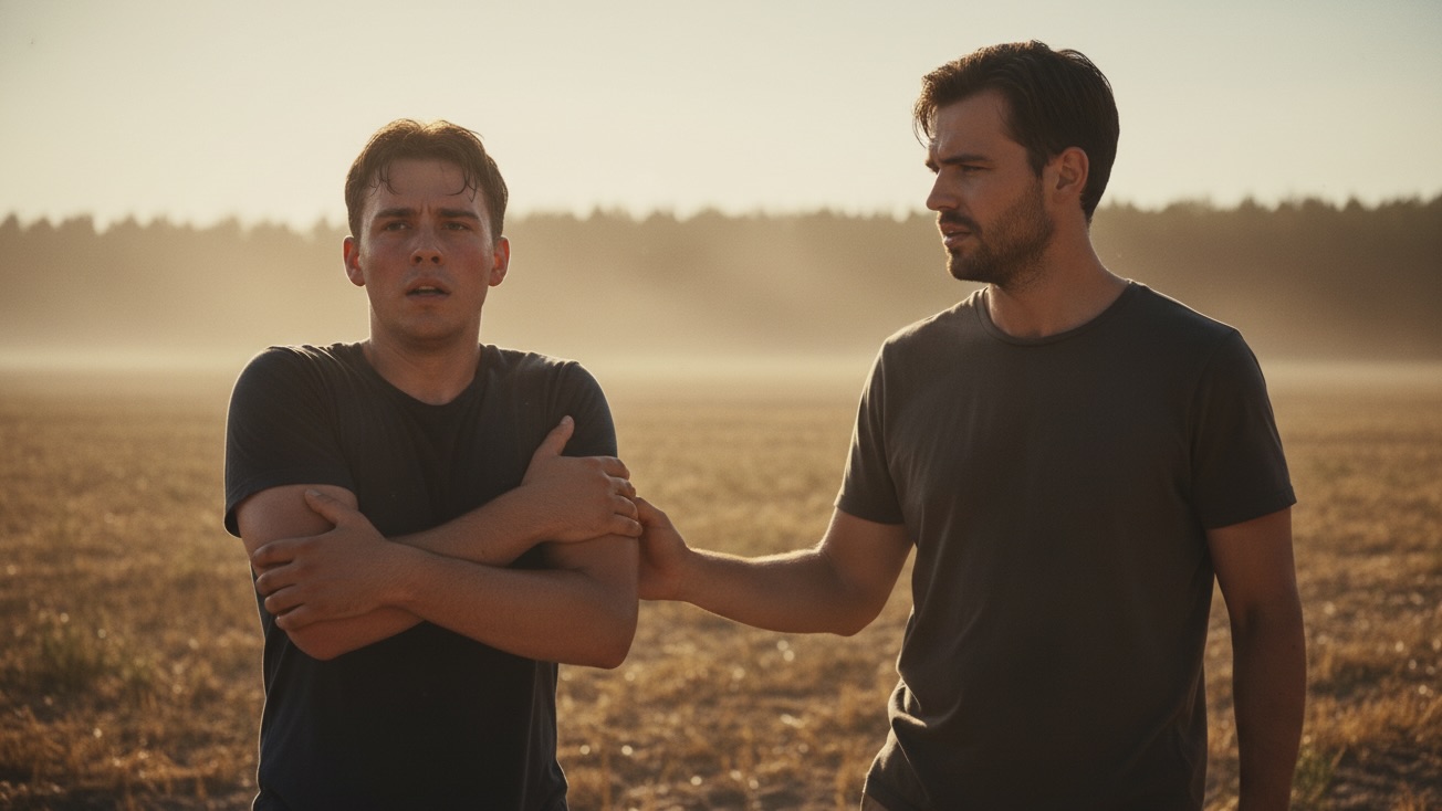Two young men in a sun-drenched field. One looks up at the other with an overwhelmed expression, while the second watches him with quiet intensity, his hand hovering near. Heat haze distorts the background.