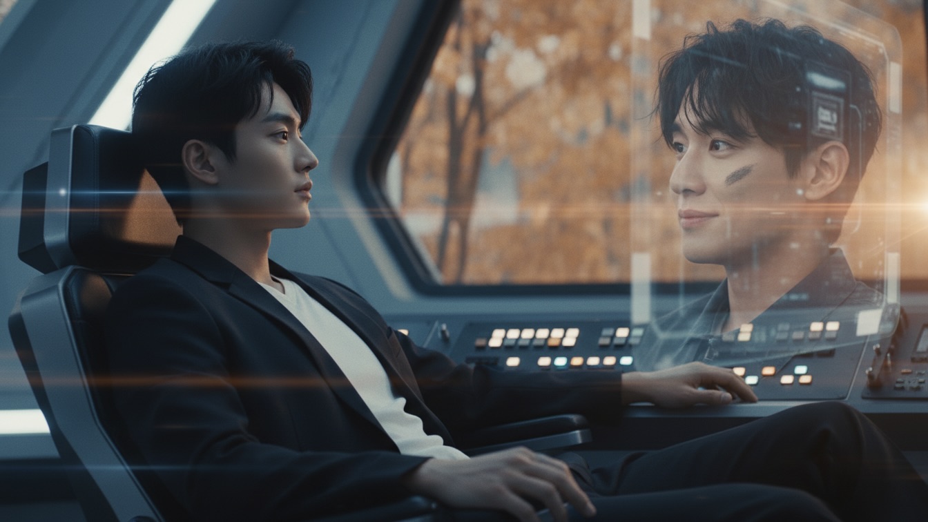 Two handsome men, Minseok and Jisoo, share a moment of intense relief and unspoken connection in a futuristic control room after averting a crisis. Minseok is in his control chair, while Jisoo looks at him through a monitor, both exhausted but smiling.