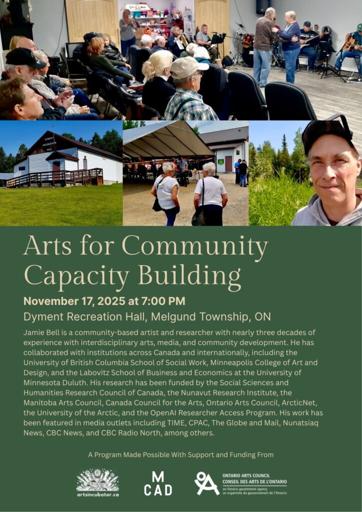 Jamie Bell is a community-based artist and researcher with nearly three decades of experience with interdisciplinary arts, media, and community development. He has collaborated with institutions across Canada and internationally, including the University of British Columbia School of Social Work, Minneapolis College of Art and Design, and the Labovitz School of Business and Economics at the University of Minnesota Duluth. His research has been funded by the Social Sciences and Humanities Research Council of Canada, the Nunavut Research Institute, the Manitoba Arts Council, Canada Council for the Arts, Ontario Arts Council, ArcticNet, the University of the Arctic, and the OpenAI Researcher Access Program. His work has been featured in media outlets including TIME, CPAC, The Globe and Mail, Nunatsiaq News, CBC News, and CBC Radio North, among others.