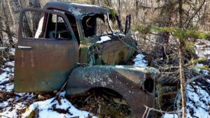 An old, rusted truck rests deep in the woods of Borups Corners as the forest grows through its frame. Time, weather, and young trees have turned it into part of the landscape it once traveled.