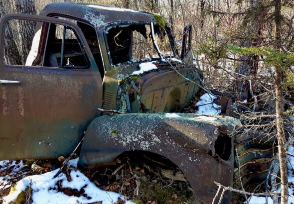 An old, rusted truck rests deep in the woods of Borups Corners as the forest grows through its frame. Time, weather, and young trees have turned it into part of the landscape it once traveled.