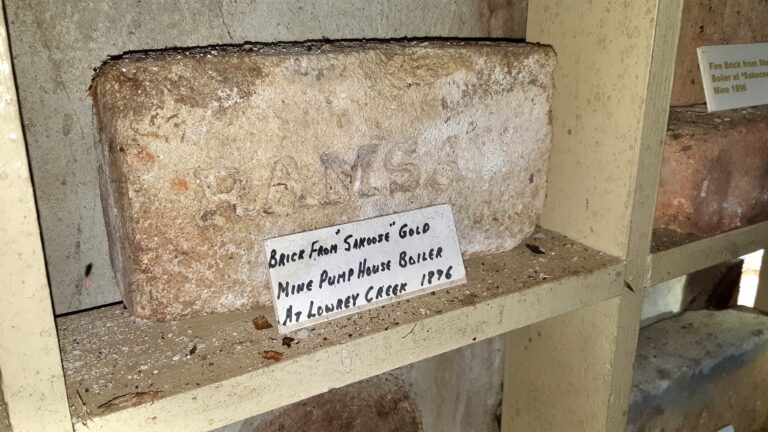 An old brick from the Sakoose Mine Pump House Boiler at Lowrey Creek in 1896.
