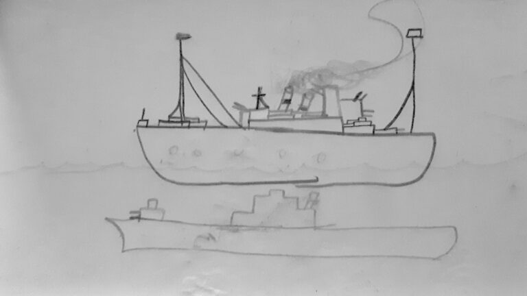 A silent predator waits beneath the waves while a merchant vessel sails across a textbook's deep margins.