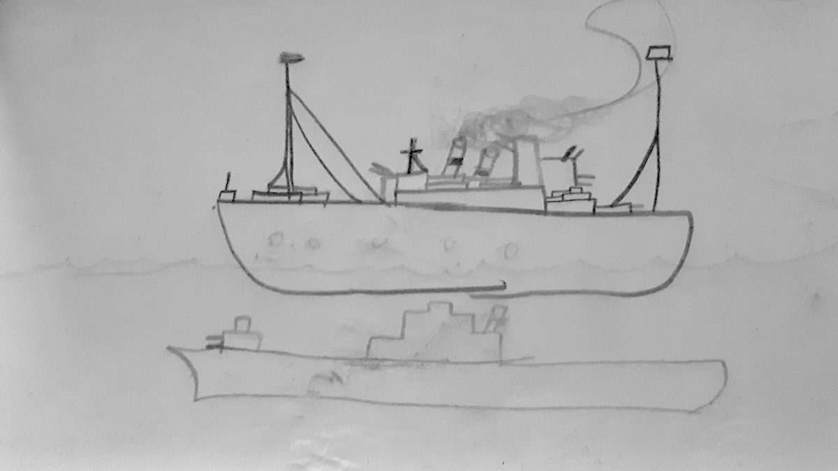 A silent predator waits beneath the waves while a merchant vessel sails across a textbook's deep margins.