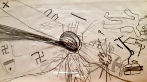 While examining books from the old schoolhouse in the 1940s-50s, we found several filled with drawings by former students at the time.