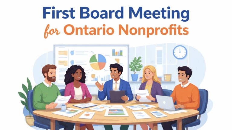 The first nonprofit board meeting in Ontario is required but does not need public advertising whatsoever. Ontario law only requires notice to directors, not the public, for initial organizational board meetings.