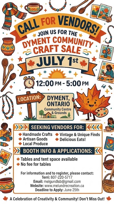 Celebrate Canada Day by showcasing your talents at the upcoming Dyment Community Craft Sale on July 1st! Held at the Dyment Recreation Hall and Park from 12:00 PM to 5:00 PM, this vibrant community market is officially calling for local vendors, artisans, and creators to join the festivities. Organizers are currently seeking applications for a wide variety of booths, including handmade crafts, artisan goods, local produce, vintage & unique finds, and delicious eats. It is a fantastic opportunity for small businesses and hobbyists alike, offering both tables and tent spaces with no fee for tables. To learn more about booth information, request an application, or register for the event, interested vendors can contact melgundlsb@gmail.com. Make sure to submit your application before the deadline on June 25th. Don’t miss out on this incredible celebration of creativity and community in Melgund Township!