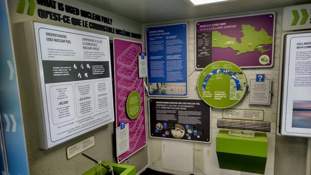 Detailed wall exhibits break down the facts on CANDU fuel bundles, radiation, and safety protocols for Canada's used nuclear fuel.
