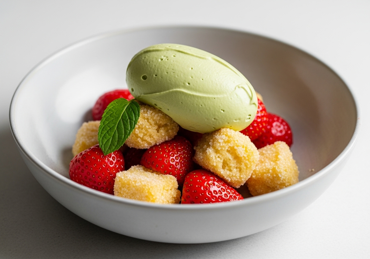 Deconstructed Bannock and Strawberry Shortcake with Matcha Cream