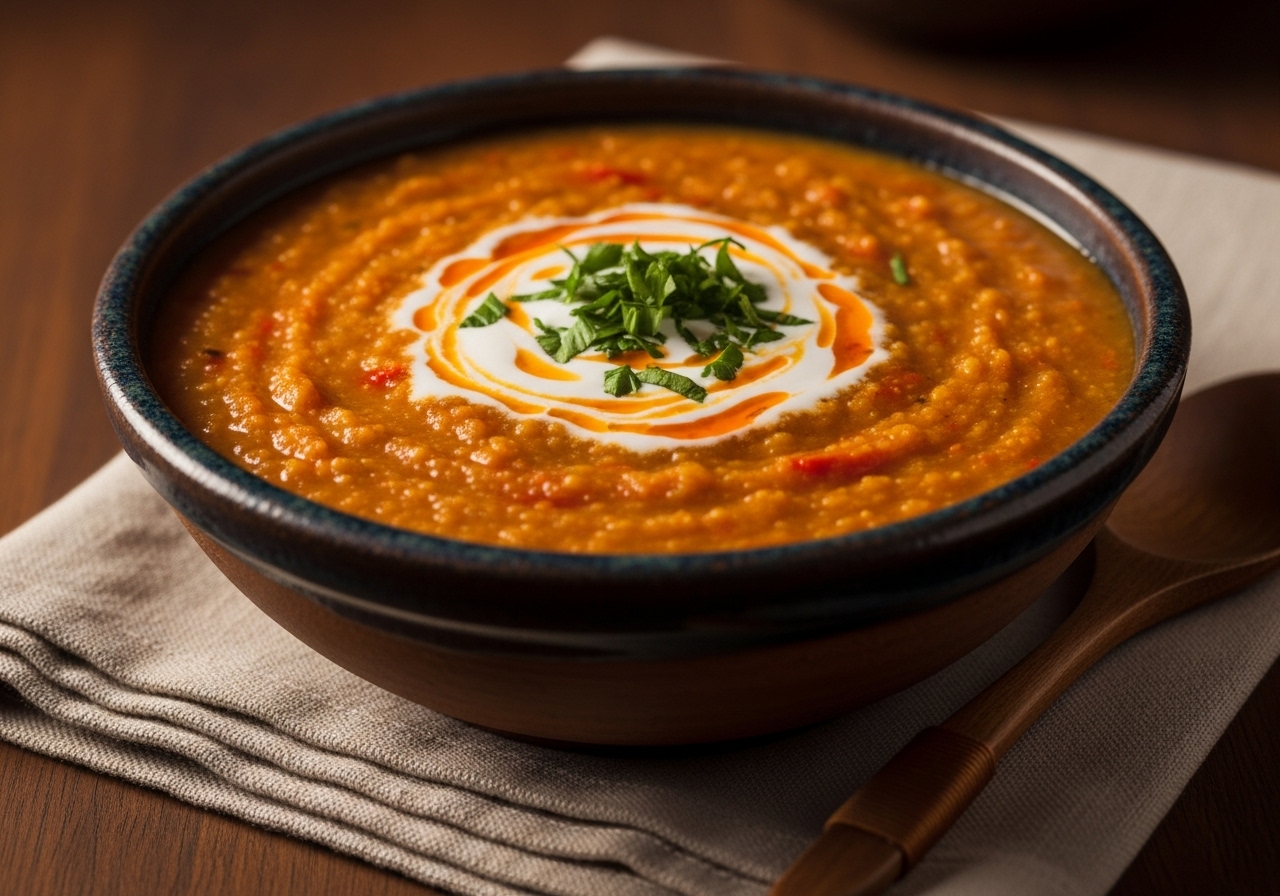 Hearty Roasted Red Pepper and Lentil Soup