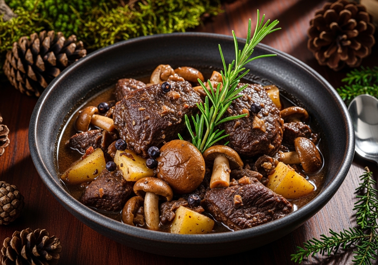 Hunter's Venison & Wild Mushroom Stew with Juniper Berries