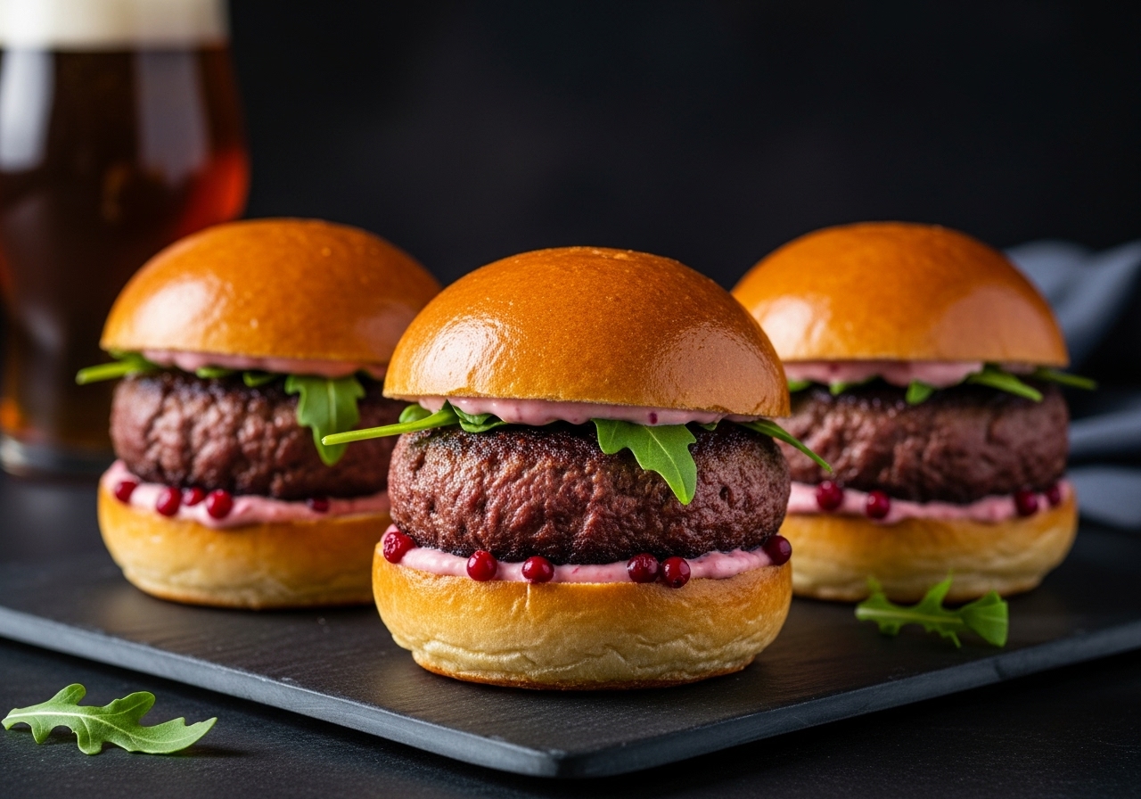 Spicy Venison Bannock Sliders with Lingonberry Aioli