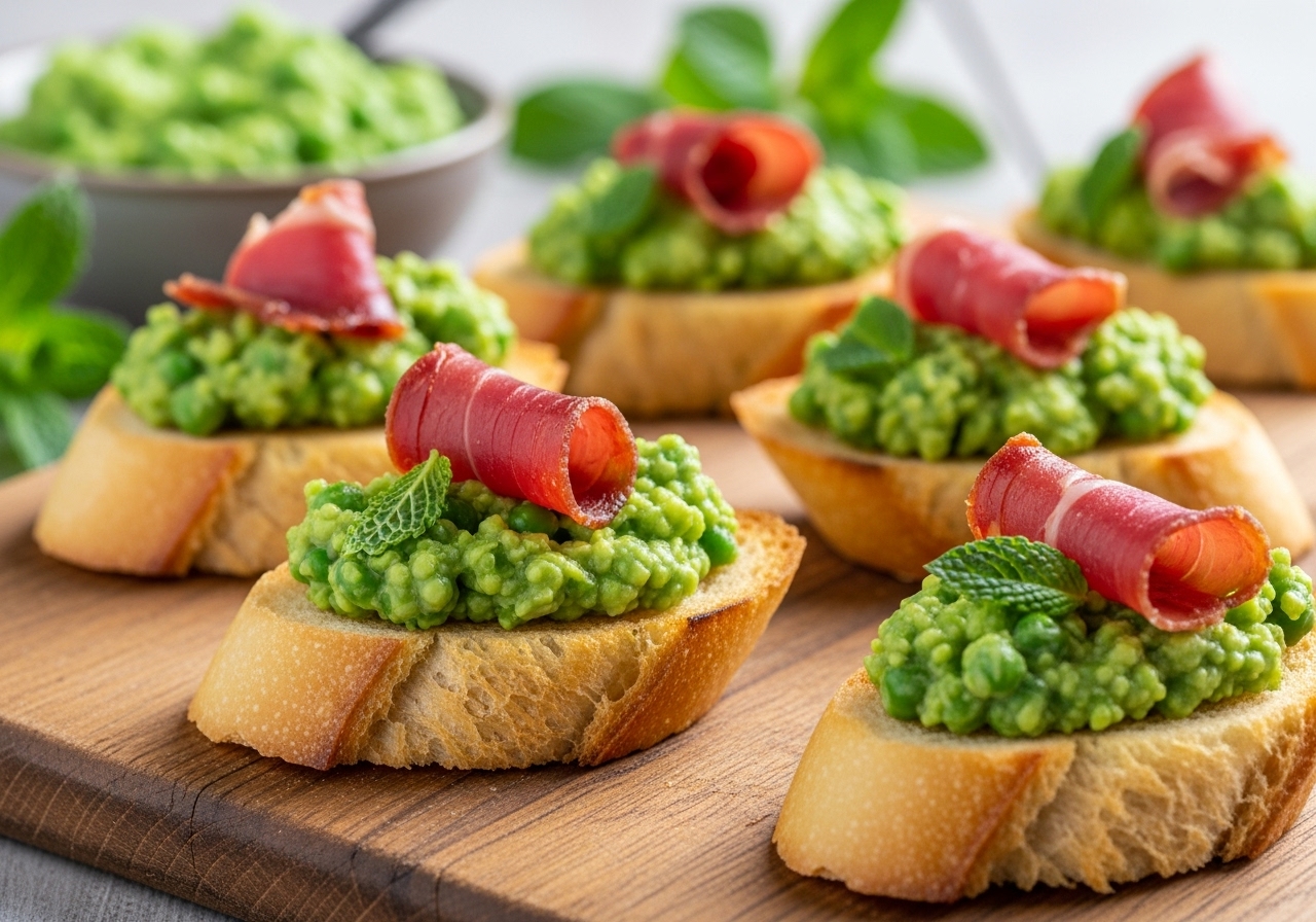 Sweet Pea & Mint Crostini with Crispy Prosciutto