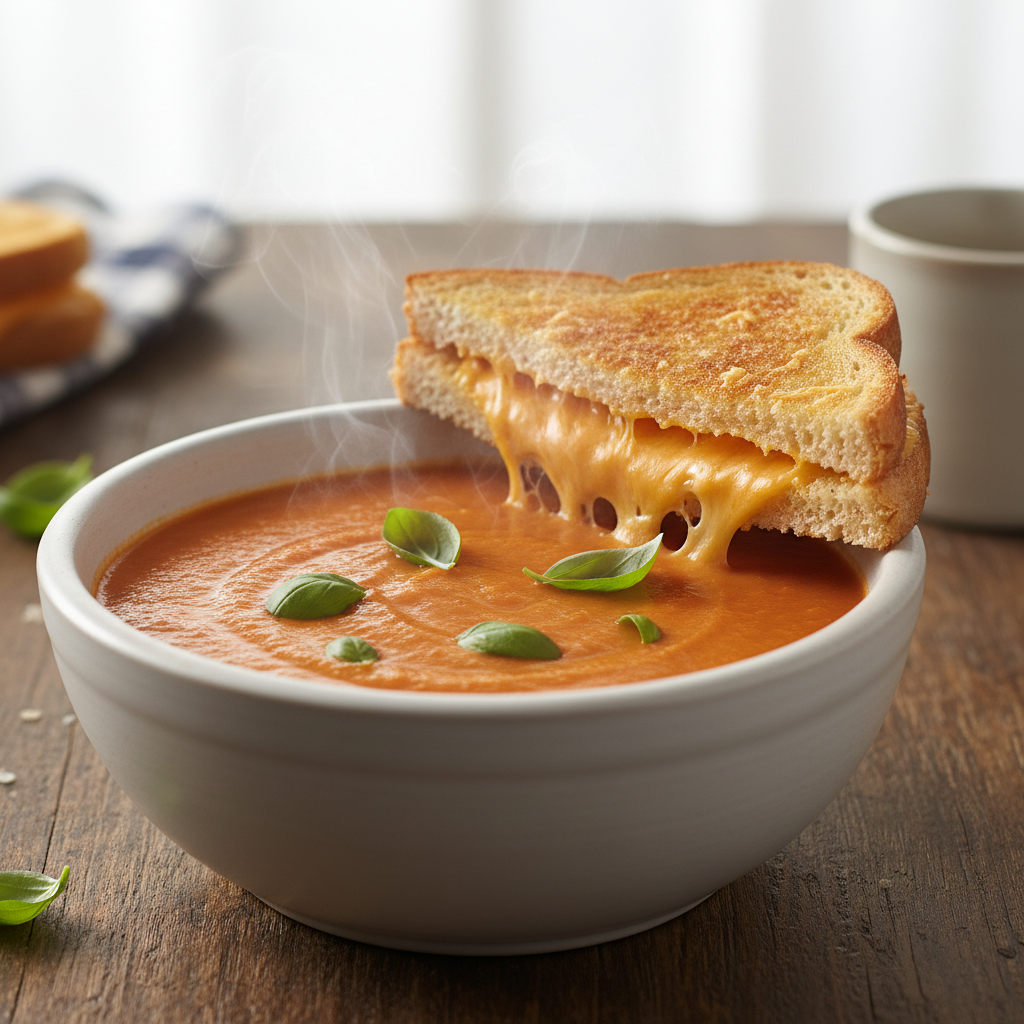 Velvety Tomato Basil Soup with Golden Cheddar Dippers
