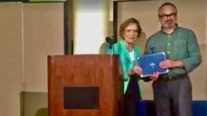 The late Rosalynn Carter and journalism mentor David Bjerklie after a presentation on mental health journalism at the Carter Center and the Rosalynn Carter Fellowship for Mental Health Journalism.