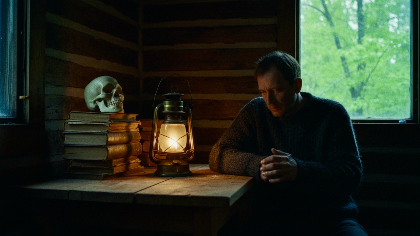 A man sits alone in a dark cabin by a flickering lantern, looking defeated while bright spring greenery shows through the window.
