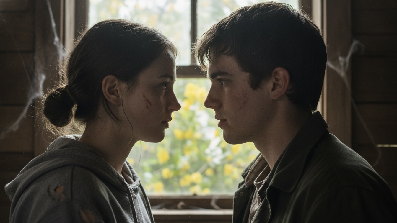 A close-up portrait of two exhausted young adults sharing an intimate moment in a dusty wooden cabin.