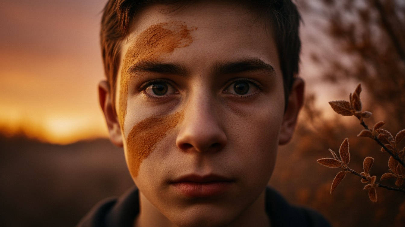 Close-up of a terrified teenager with orange-tinted reflections in his eyes against a mountain backdrop.