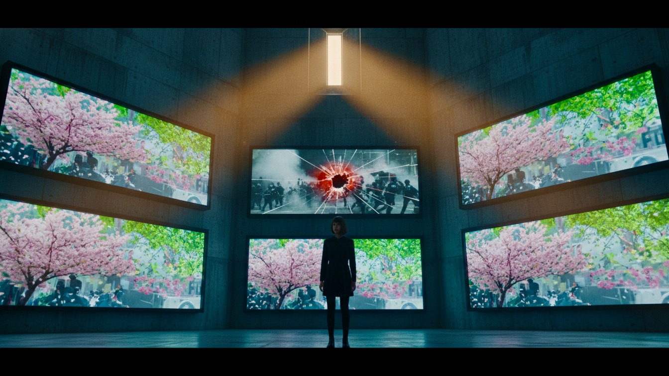 A woman stands in a dark high-tech control room surrounded by screens showing a spring parade and a violent protest.
