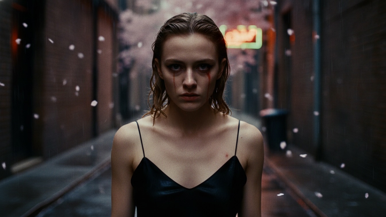 A close-up of a young woman in a black dress looking emotionally overwhelmed in a dark, neon-lit alley with falling cherry blossoms.