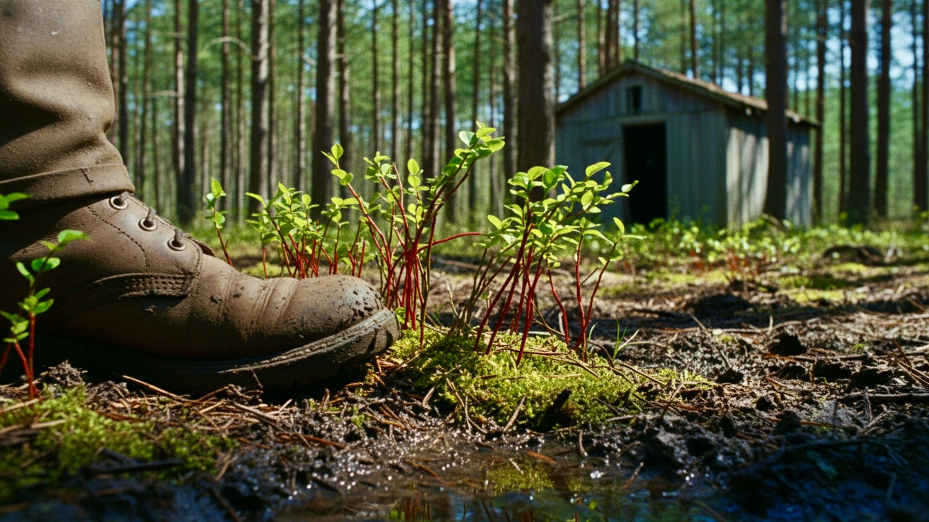 A close-up, handheld shot of a muddy boot and red-stemmed blueberry plants in a spring forest.