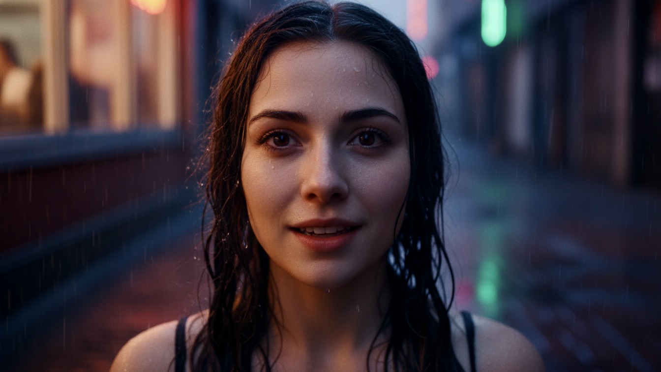 Close up of a young woman in a wet alleyway looking relieved.
