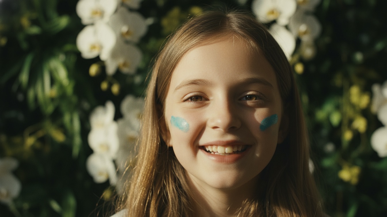A close-up of a young girl with blue stains on her face laughing in a sunny garden.