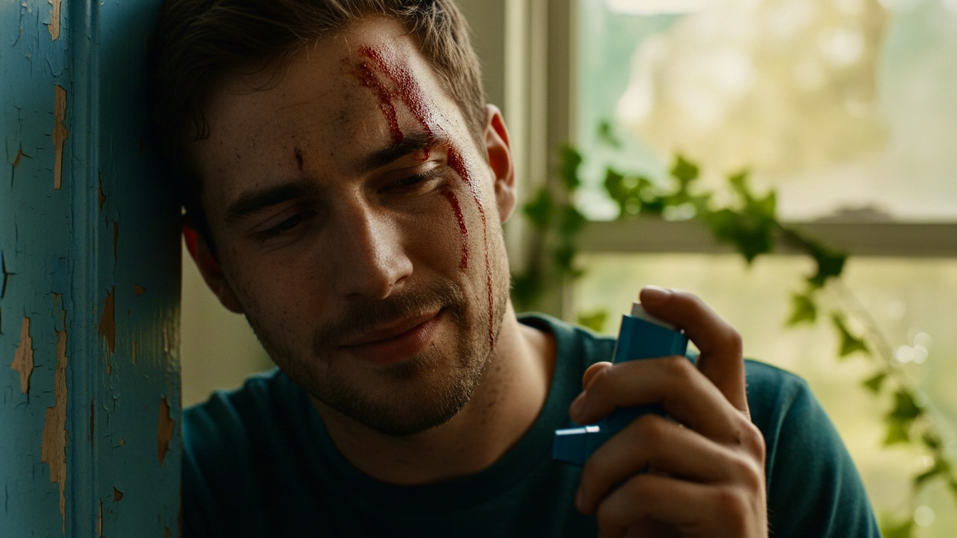 A bruised and exhausted young man leans against a door, clutching a blue plastic inhaler.