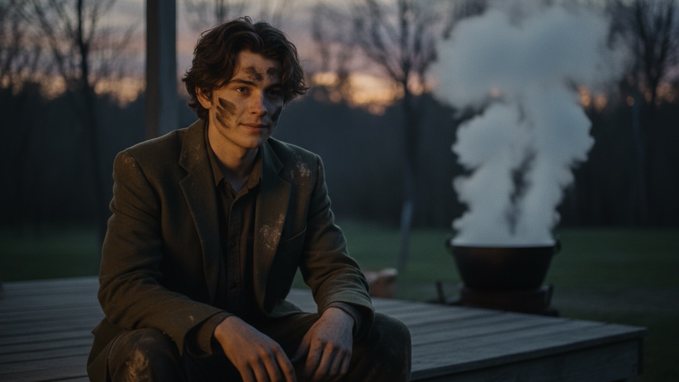 A tired teenager with mud-stained clothes sits on a cabin porch at dusk, illuminated by firelight.