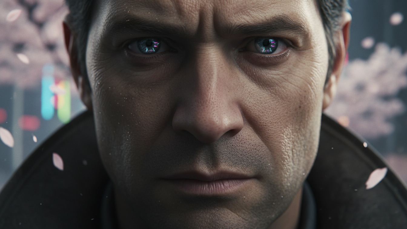 A close-up of an older detective with cloudy eyes reflecting neon lights and cherry blossoms.