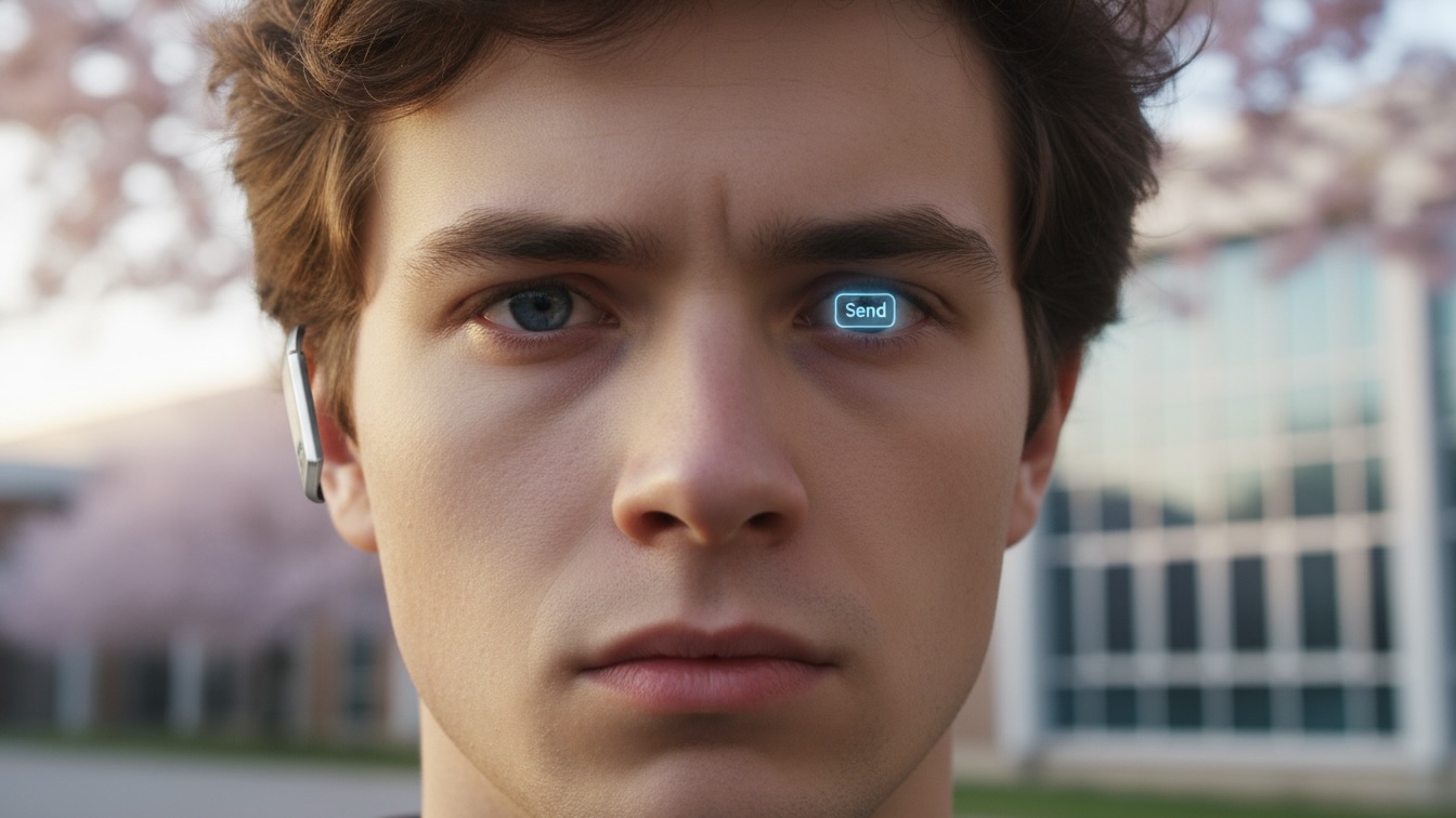 A close-up of a young man with a conflicted expression, a glowing digital interface reflected in his eyes, set against a backdrop of spring flowers.