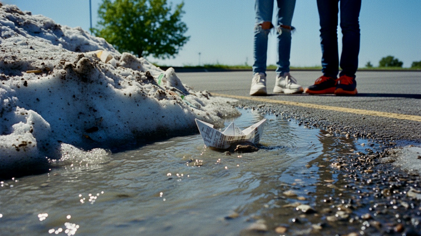 A close-up, gritty shot of a paper boat dissolving in a dirty puddle in a parking lot under bright spring sun.