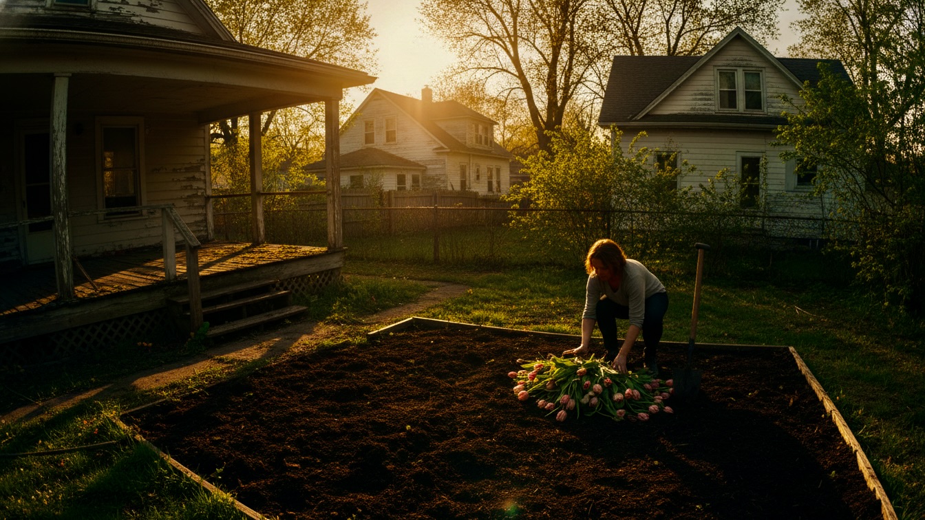A woman stands in a tilled backyard at sunset, surrounded by discarded flowers and a rotting house.