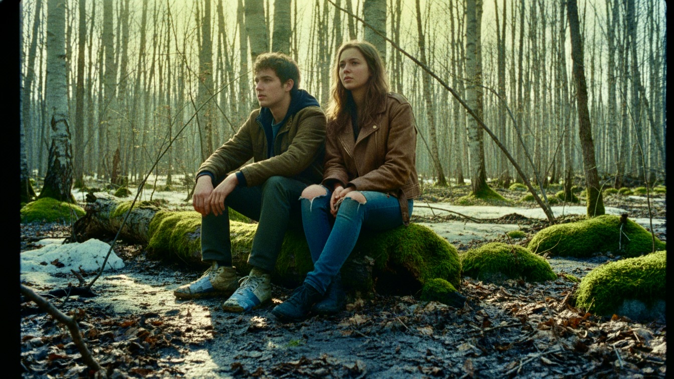 Two teenagers sitting on a log in a muddy, sunlit spring forest, one wearing duct-taped shoes.