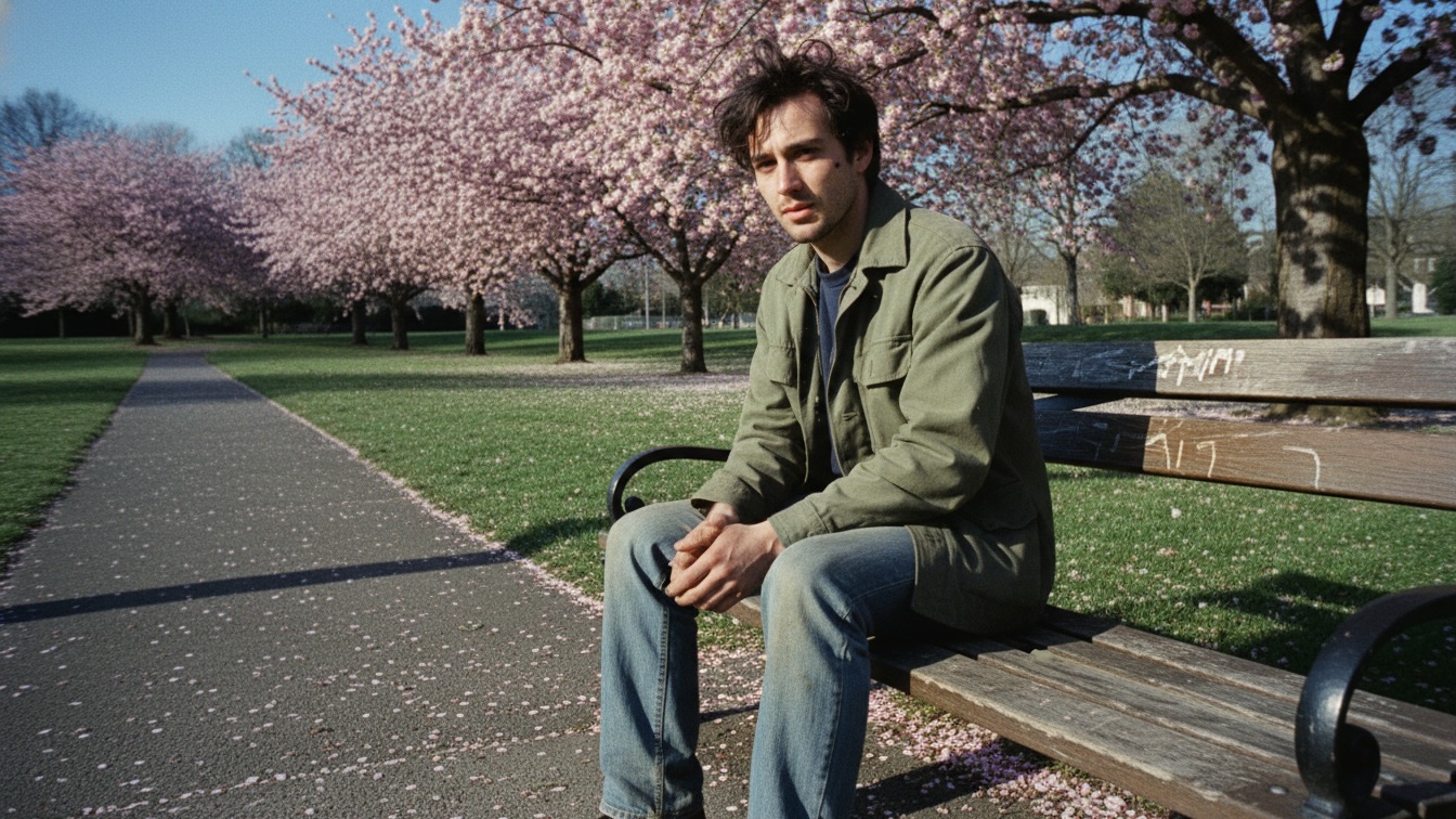 A young man sitting on a park bench in a spring park, looking exhausted but resolute, with cherry blossoms in the background.