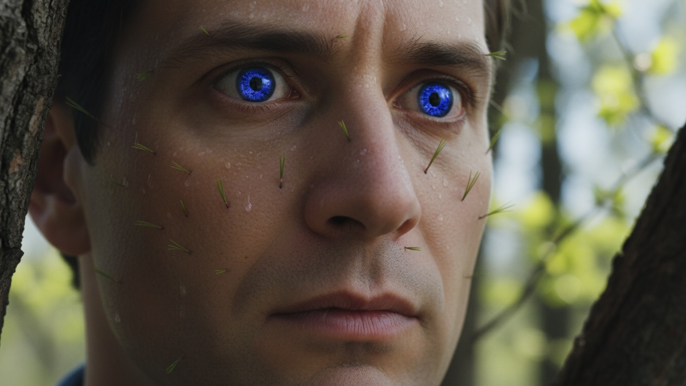 A close-up of a man in his 40s with wide, terrified eyes, skin turning to bark, set against a blurred spring forest.