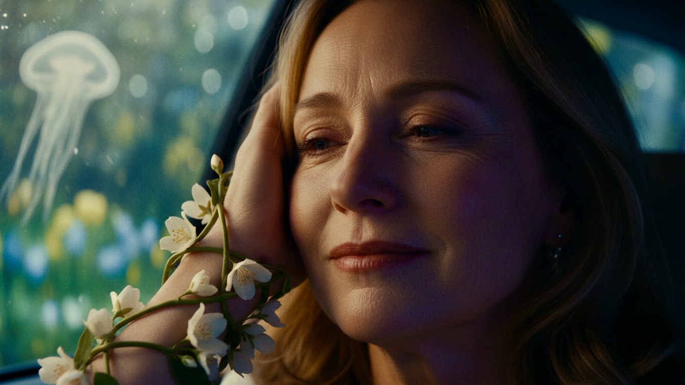 A close-up of a mature woman's face glowing with soft light, with jasmine vines wrapped around her wrist in a dreamlike setting.