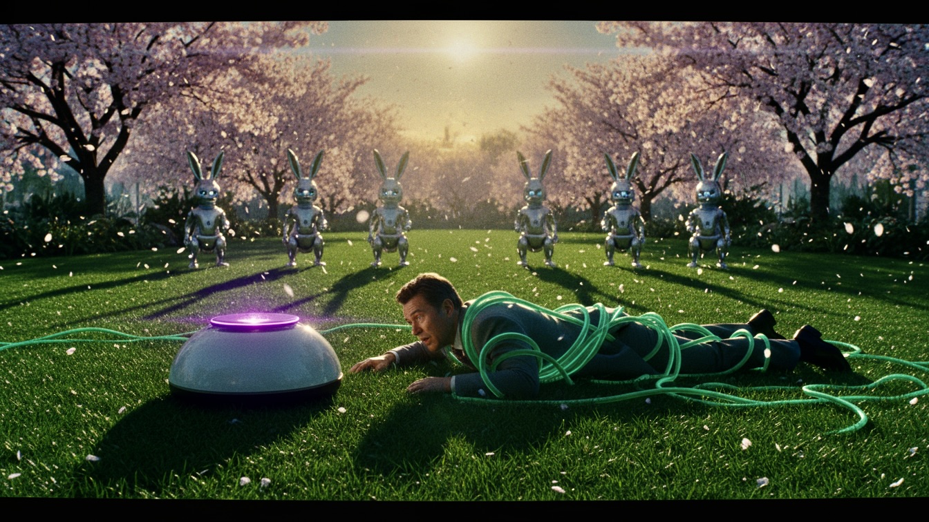 A cinematic shot of a man being integrated into a vibrant spring lawn by a robotic mower and mechanical rabbits under a golden sunset.