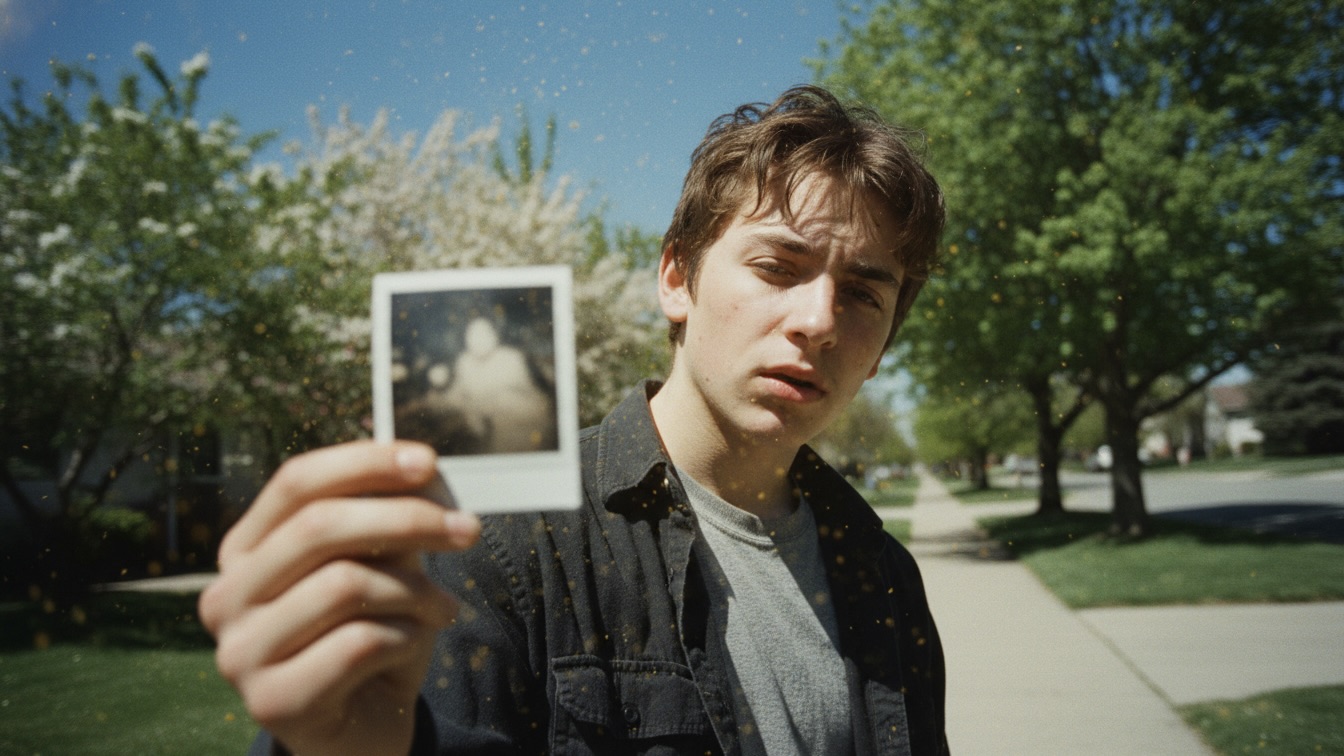 A disheveled teenager stands in bright spring sunlight holding a polaroid picture.