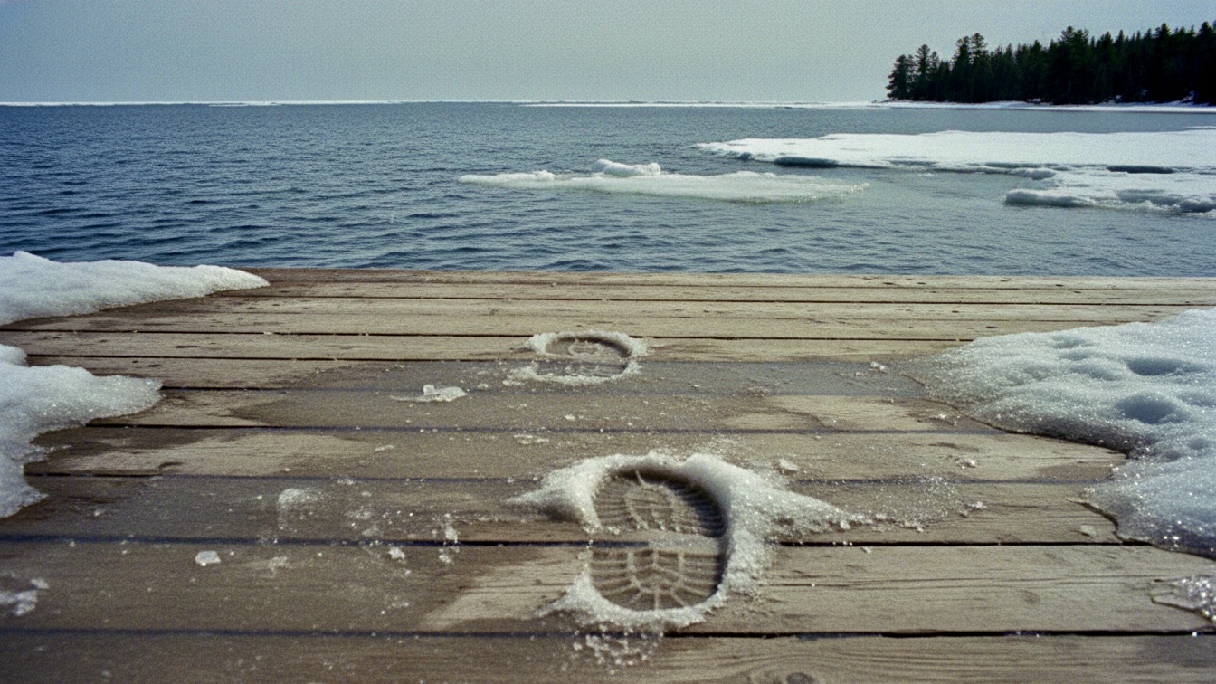 A close-up of a size twelve bootprint in the mud with a distinct heel drag near a freezing lake.