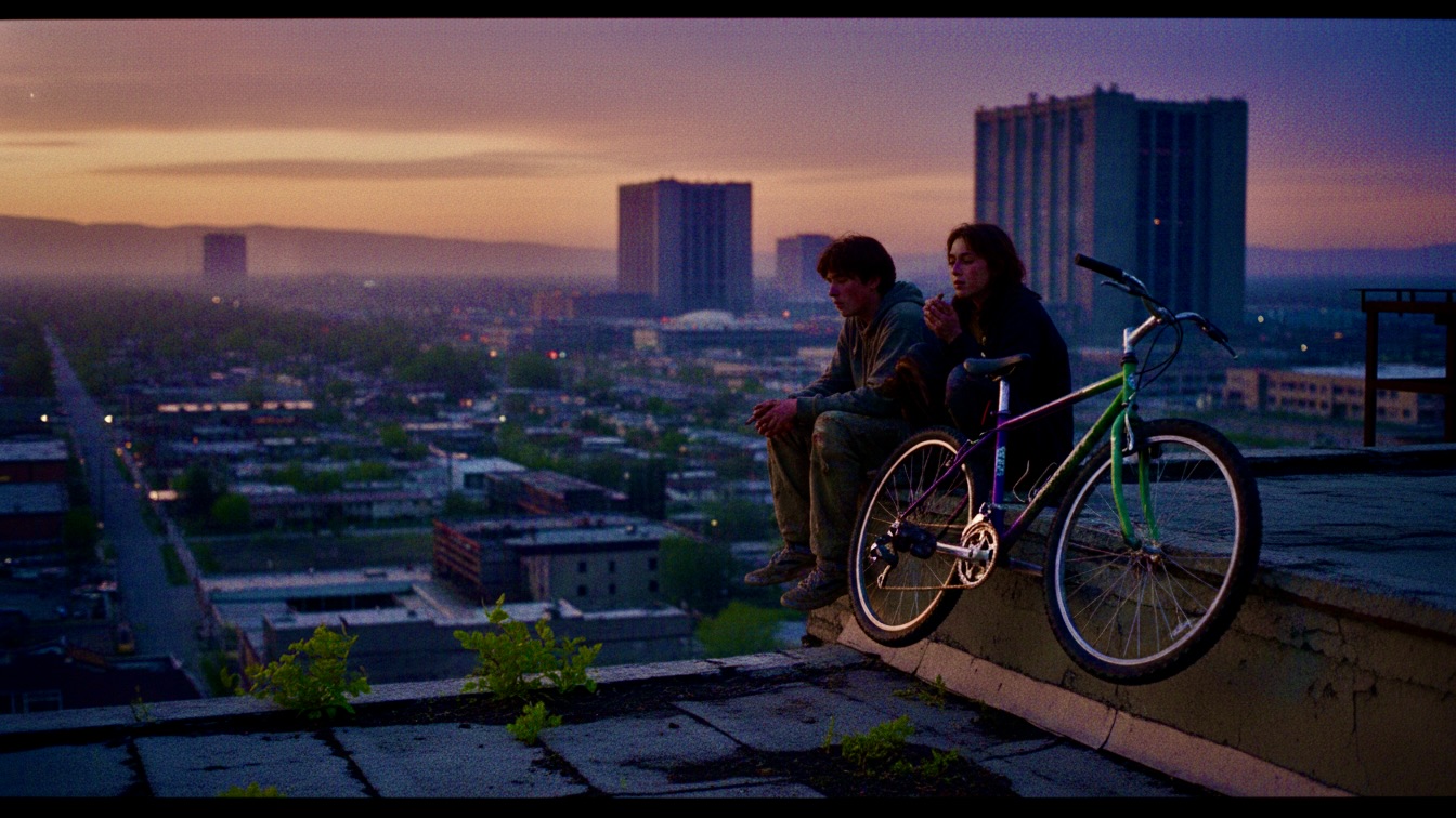 Two teenagers sit on a rooftop overlooking a decaying suburb at sunset, with a vintage bike nearby.