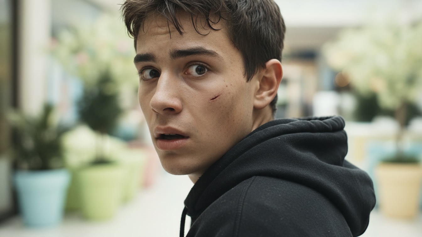 A close-up of a terrified young man in a black hoodie looking over his shoulder.