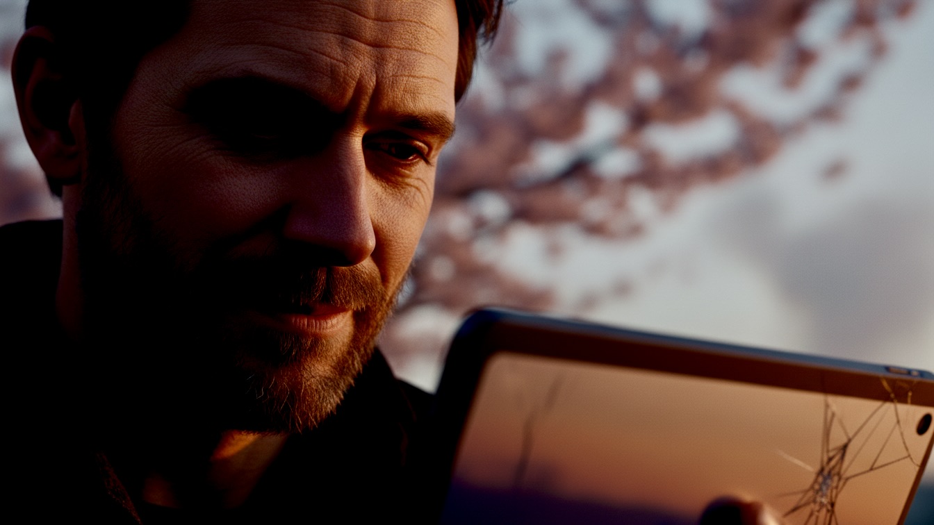 A close-up of a weary man looking at a tablet in a park with cherry blossoms and smoke in the blurred background.