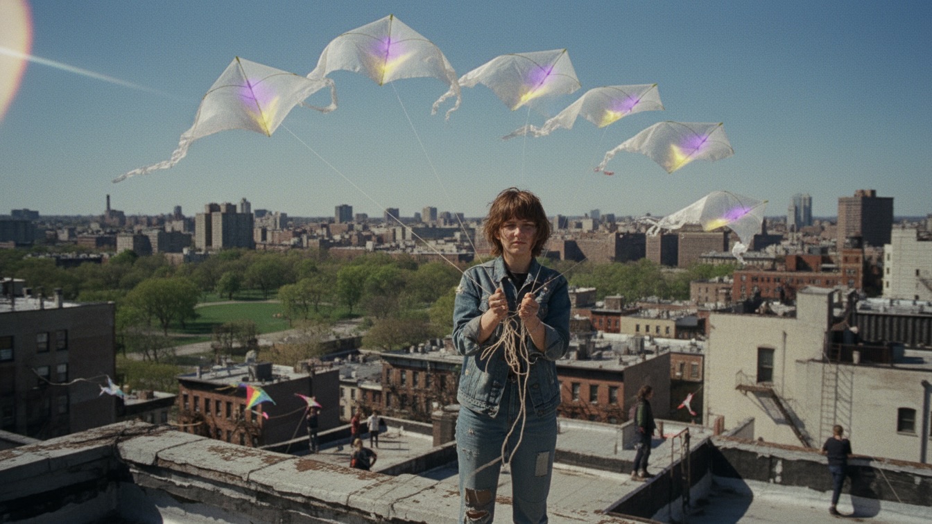 A girl on a city rooftop flies several kites that glow with bright purple and yellow patterns in the spring sun.