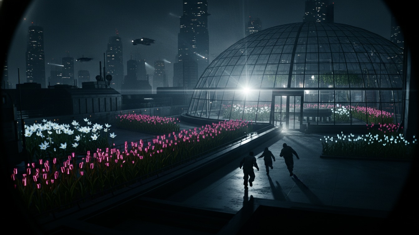 Two scavengers flee through a glowing neon garden inside a glass dome as harsh searchlights cut through the dark.
